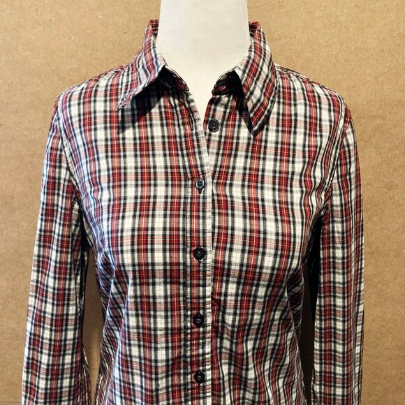 JACOB Black red white plaid button-down shirt ~ Vintage Y2K SMALL MEDIUM blouse - Picture 7 of 16